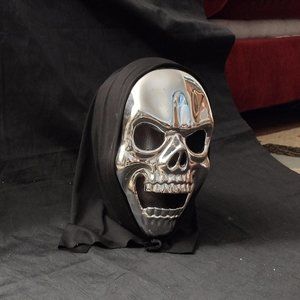 Halloween Scary Silver Tone Plastic Mask with Cloth Pull Over Hood Seasons
